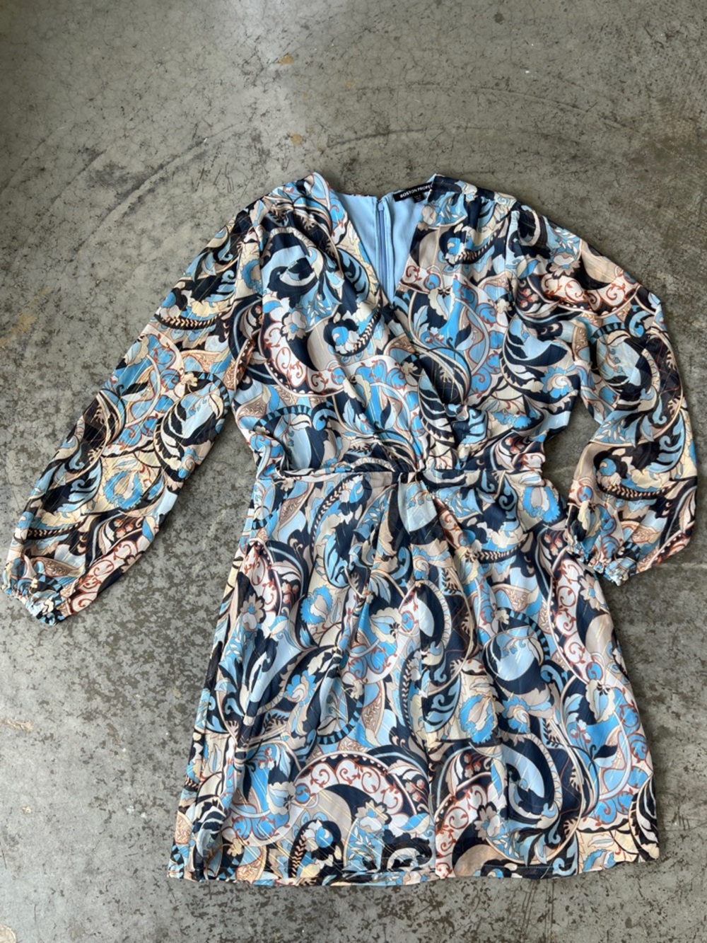 Boston Proper Metallic Paisley Mini Dress Blue Gold Lurex Long Sleeve Women’s 16